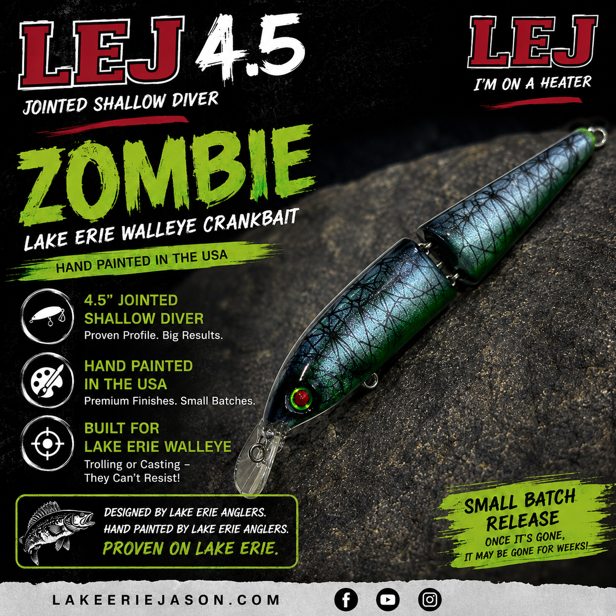 Zombie -LEJ 4.5 Jointed Shallow Diver – Hand Painted Lake Erie Walleye Crankbait