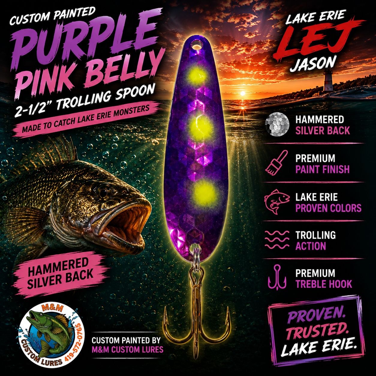 Purple Pink Belly 2-1/2” Custom Painted Trolling Spoon