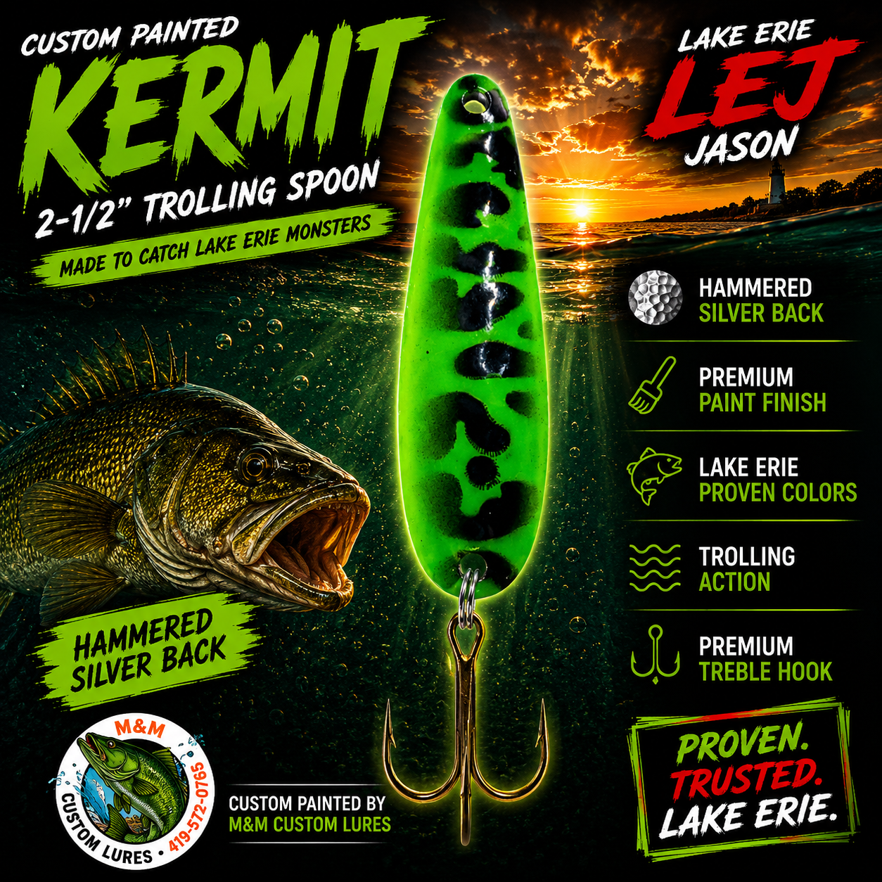Kermit 2-1/2” Custom Painted Trolling Spoon
