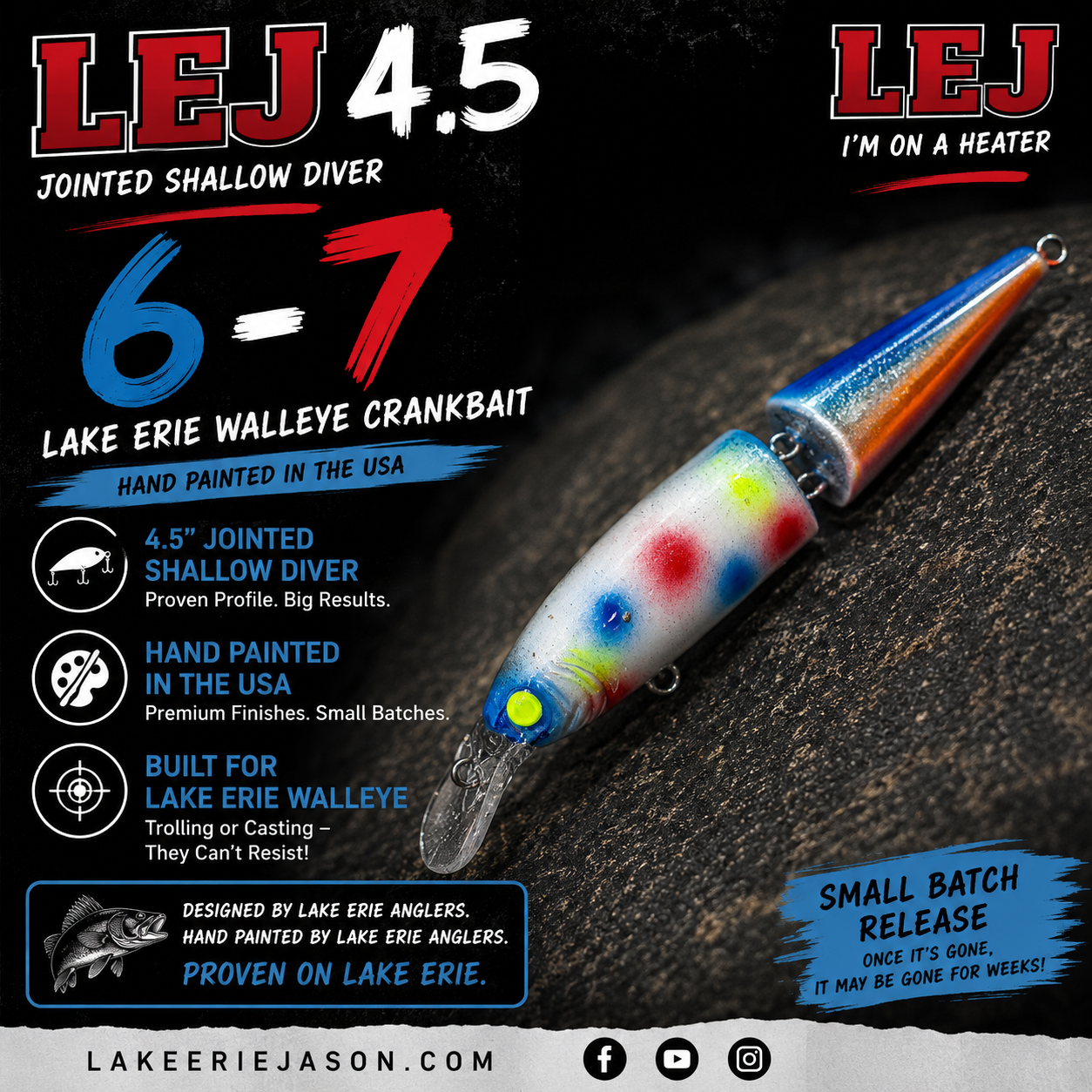 6-7 LEJ 4.5 Jointed Shallow Diver – Hand Painted Lake Erie Walleye Crankbait