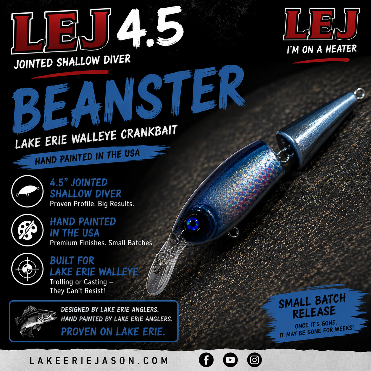 Beanster - LEJ 4.5 Jointed Shallow Diver – Hand Painted Lake Erie Walleye Crankbait