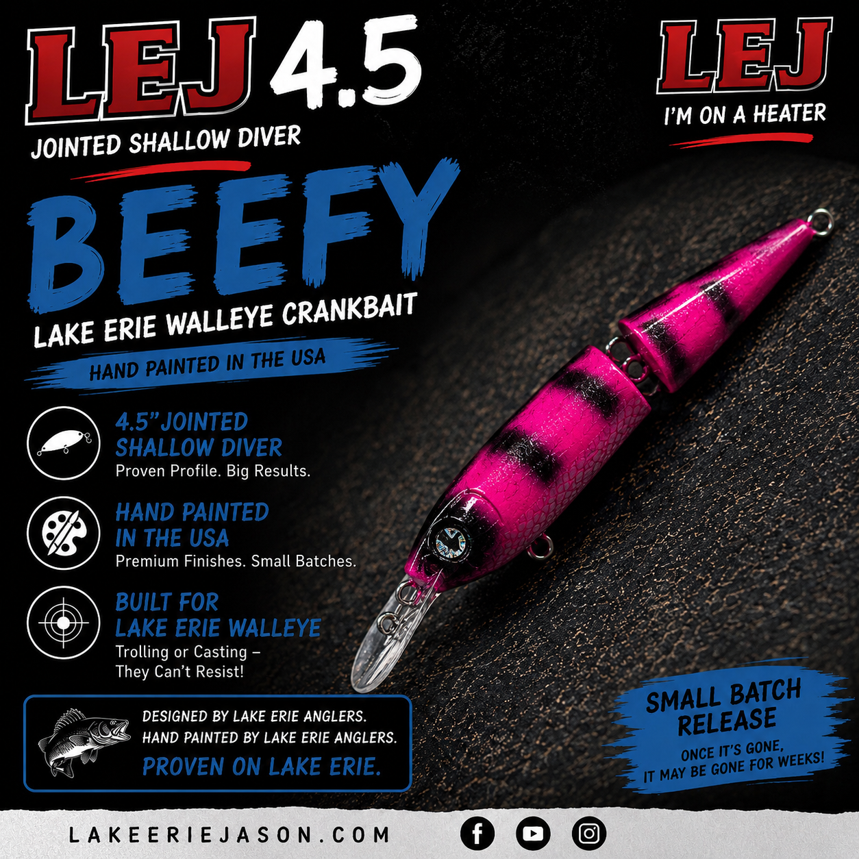 BEEFY - LEJ 4.5 Jointed Shallow Diver – Hand Painted Lake Erie Walleye Crankbait